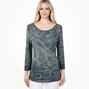 Peruvian Connection Gray Blue Paisley Print Knit Sweater Pima Cotton Chic Size S